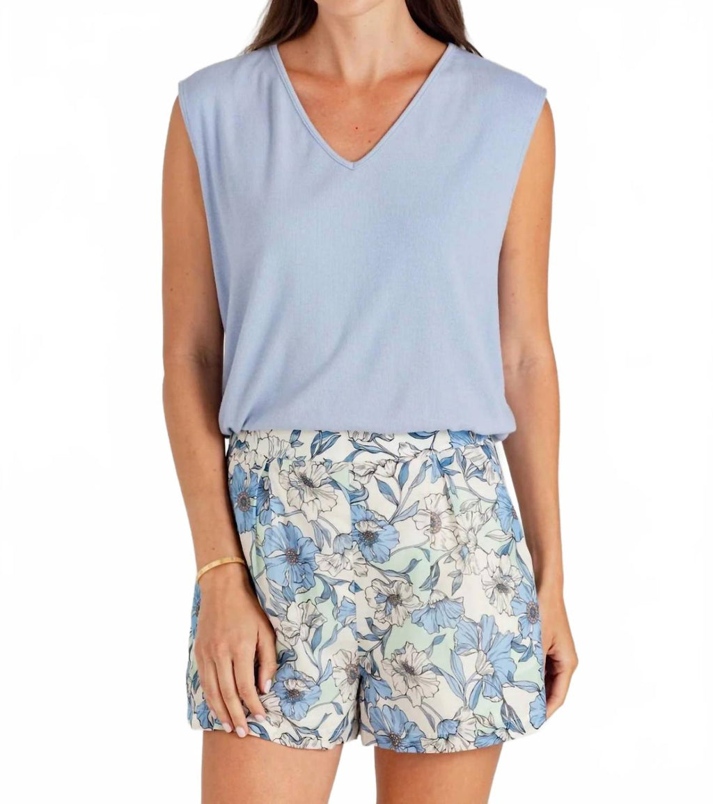 Karli Sleeveless V-Neck Tee In Airy Blue