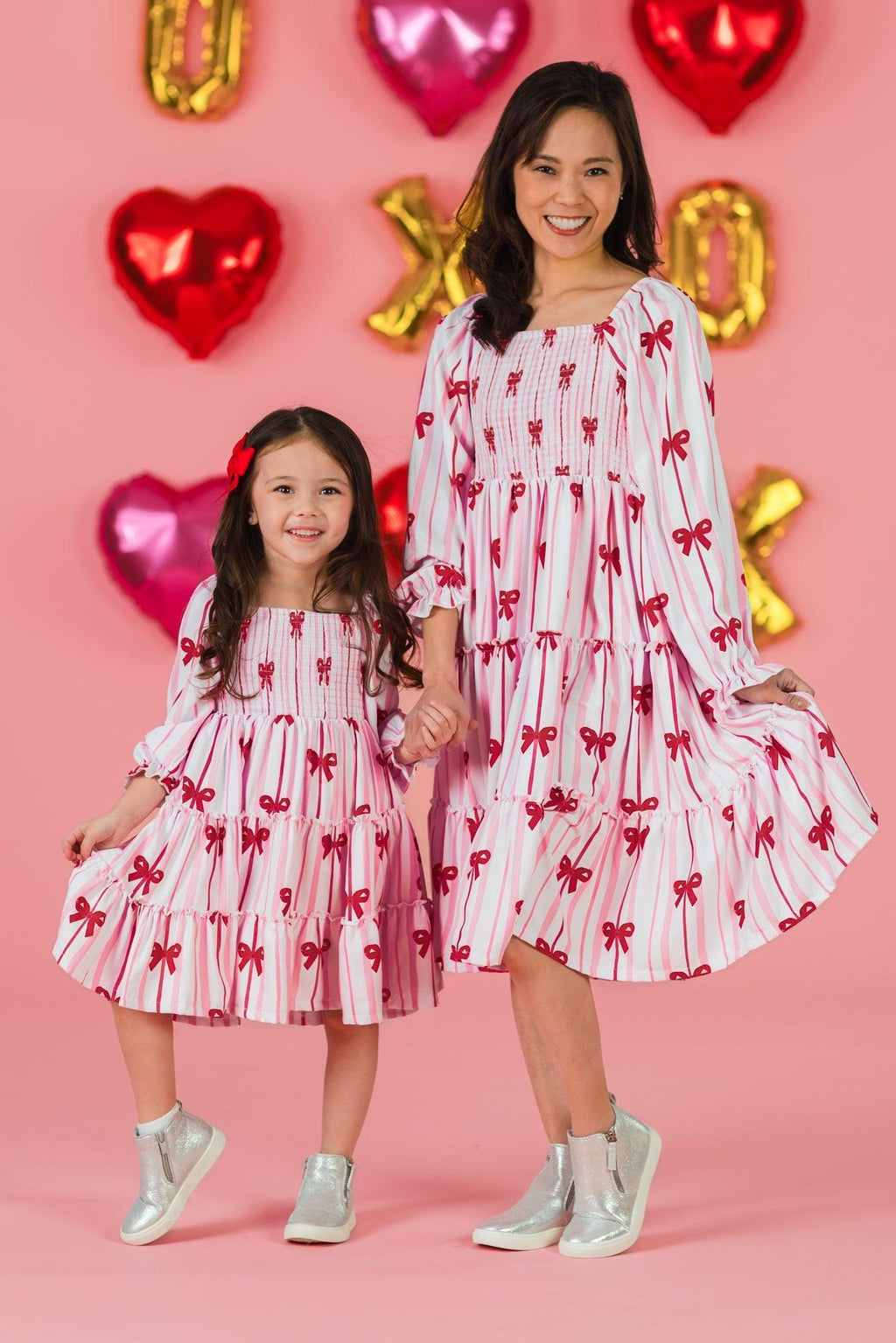 Mom & Me - Pink Bow Striped Dress