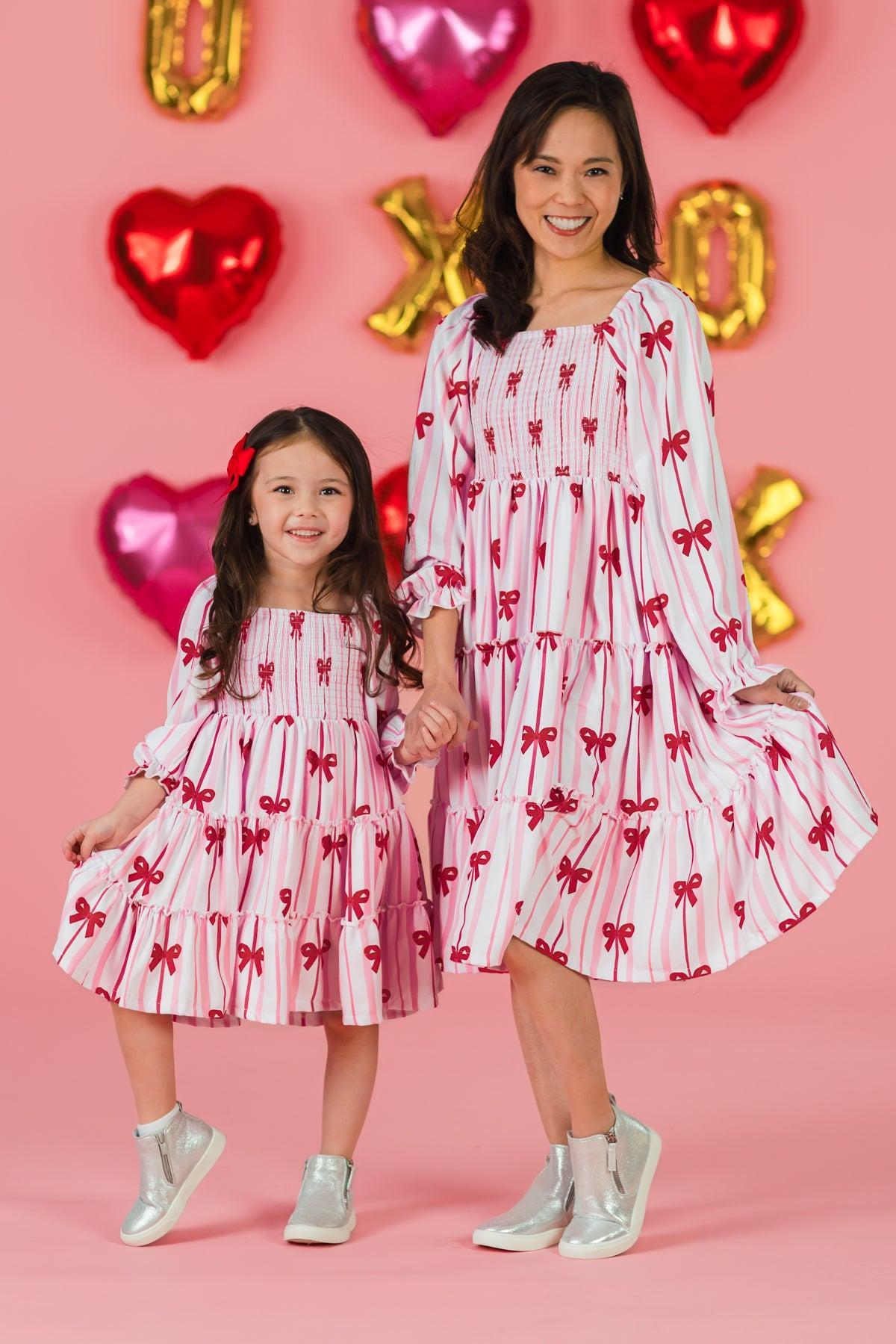 Mom & Me - Pink Bow Striped Dress