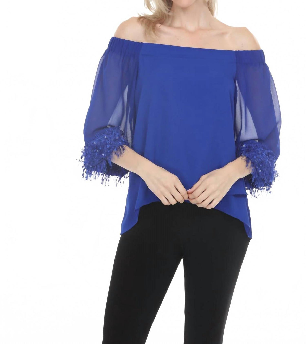 Off-Shoulder Fringe Trim Top In Royal Sapphire