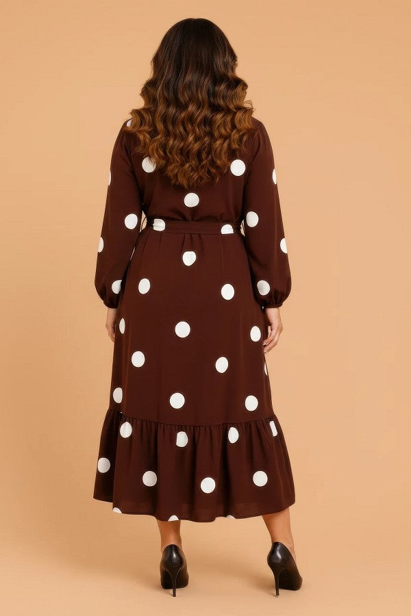 Plus Size Polka Dot Long Sleeve Ruffle Midi Dress