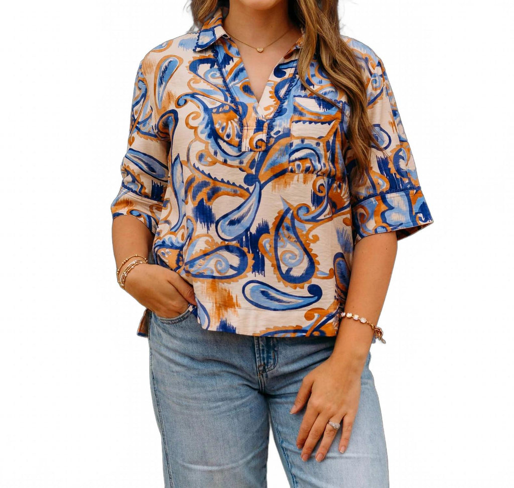Pocket Overshirt Top In Golden Blue Paisley