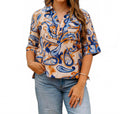 Pocket Overshirt Top In Golden Blue Paisley