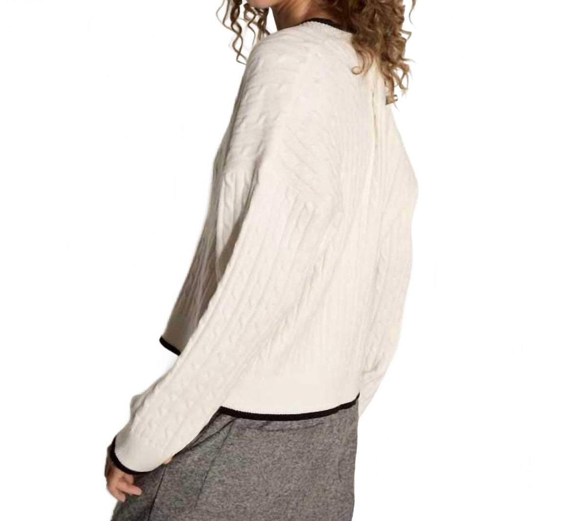 Oversized Cable Sweater With Contrast Trim In White