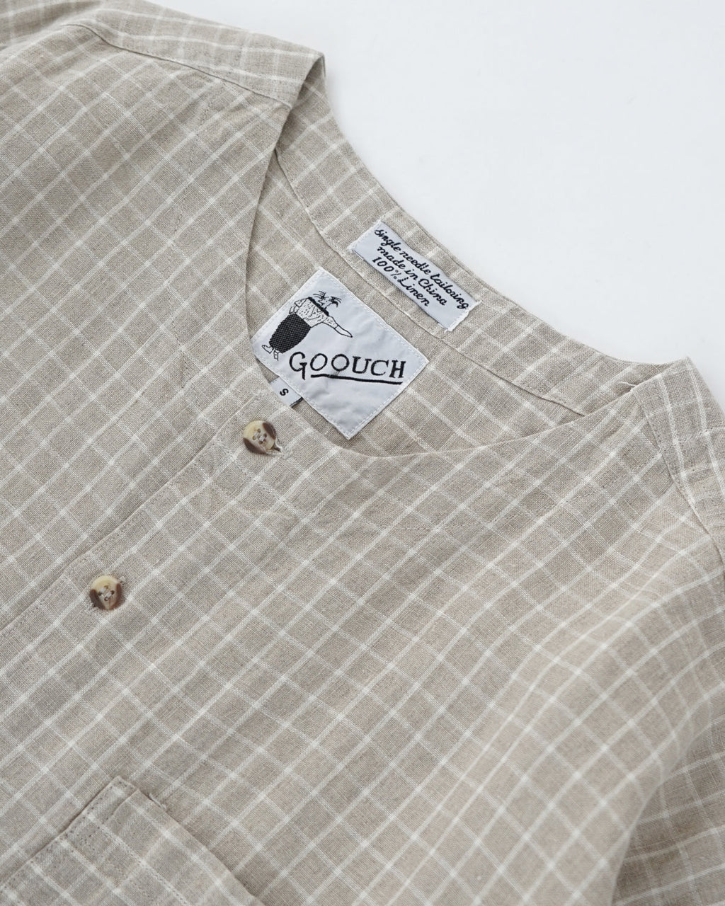 Linen Collarless S/S Shirt / Checked