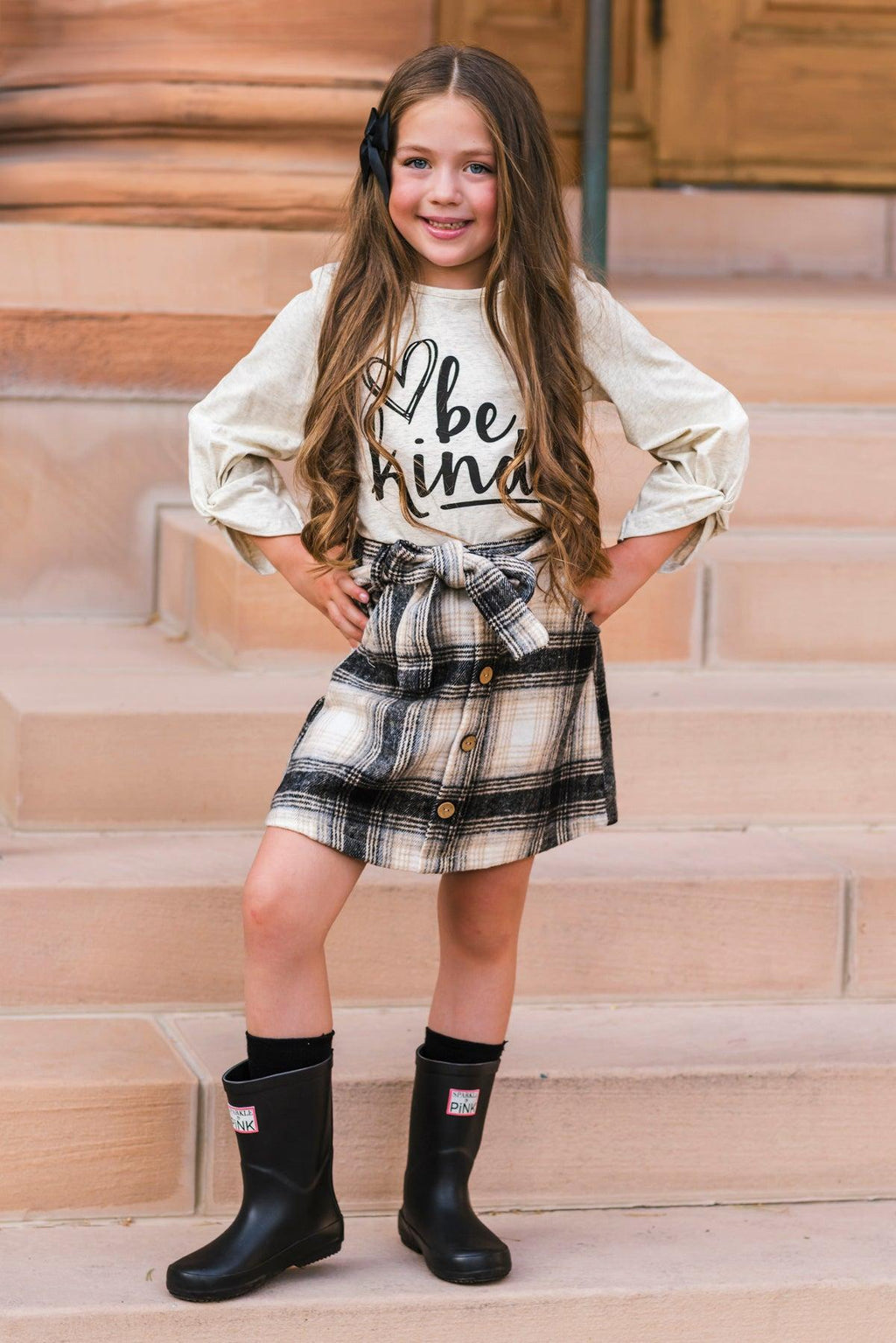 "Be Kind" Cream & Plaid Skirt Set