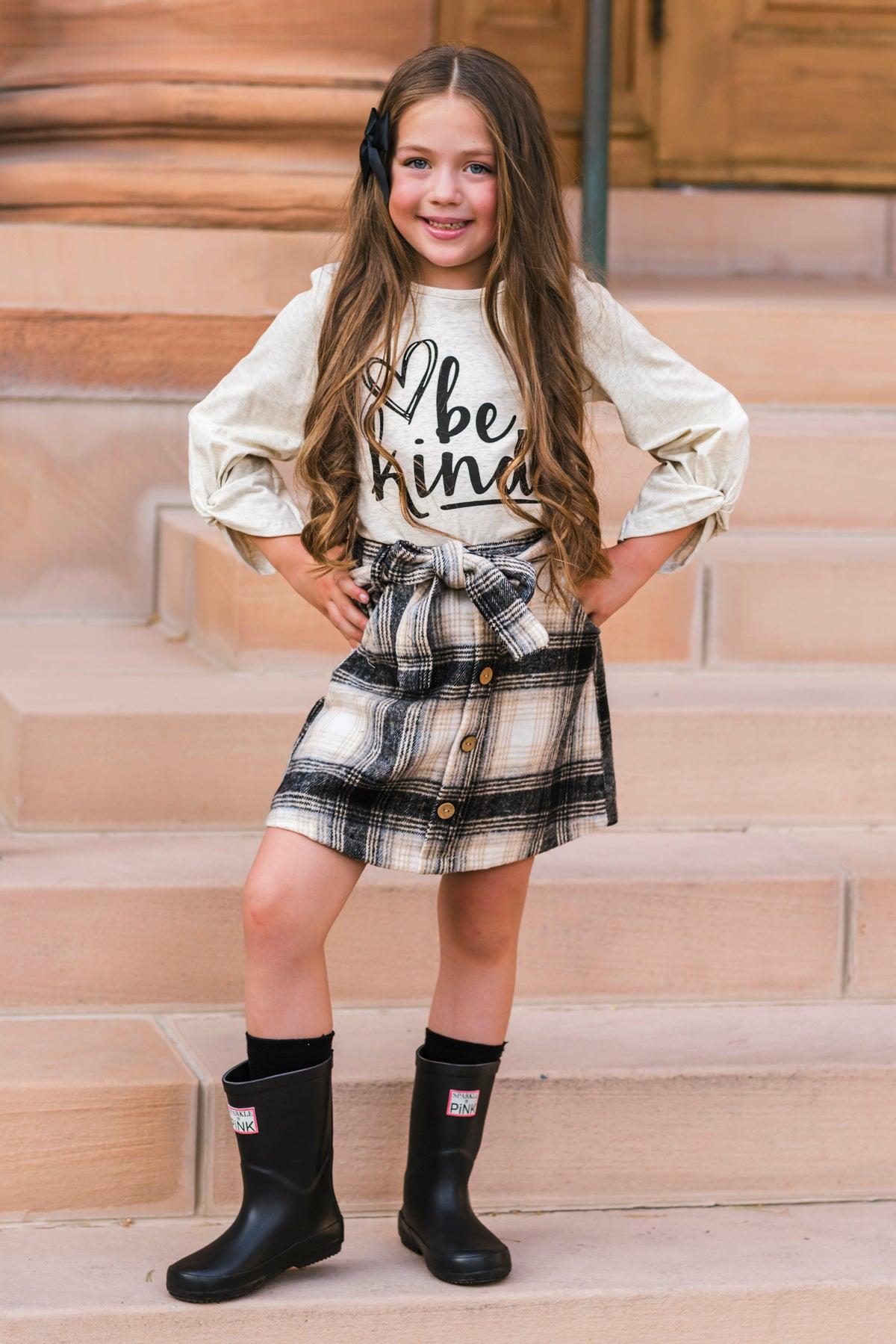 "Be Kind" Cream & Plaid Skirt Set