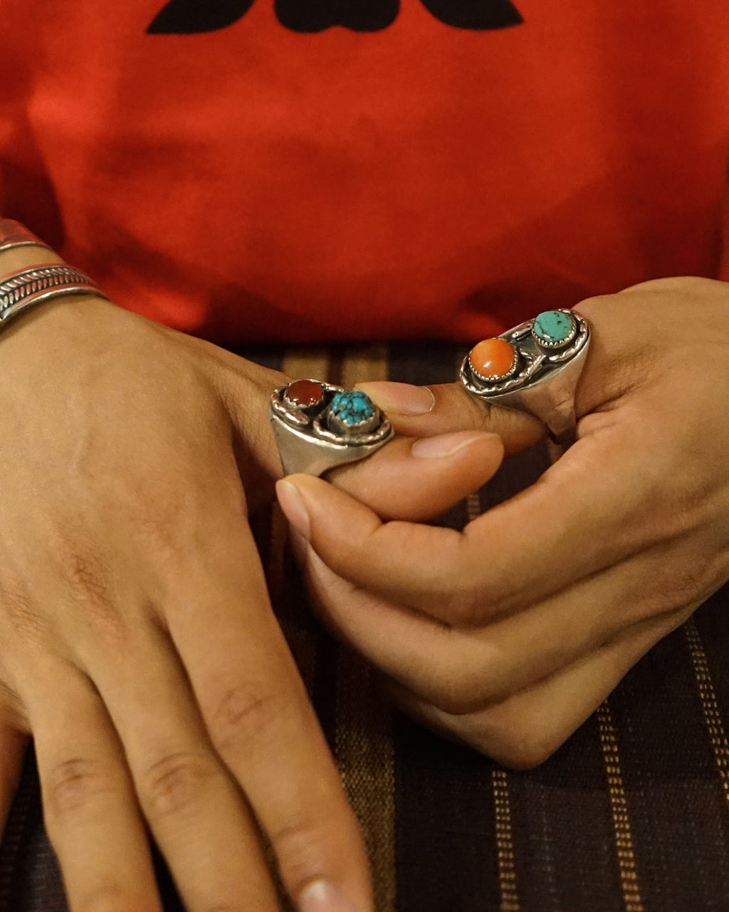 NAVAJO Silver x Turquoise / Red Coral Cast Ring / size: 13