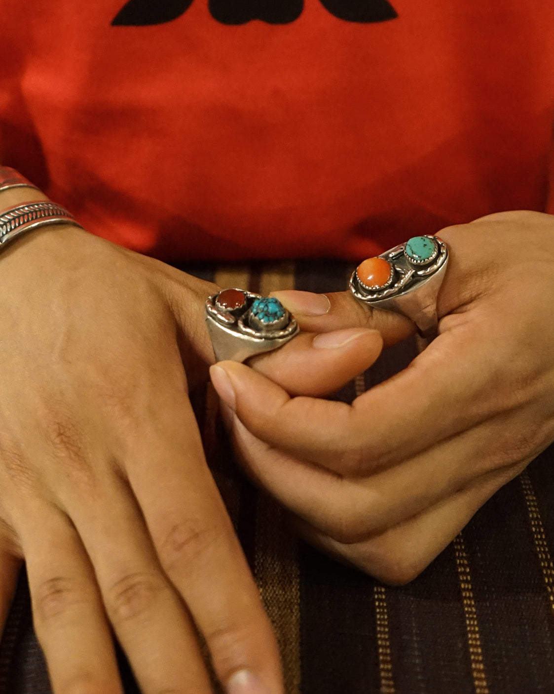 NAVAJO Silver x Turquoise / Red Coral Cast Ring / size: 13