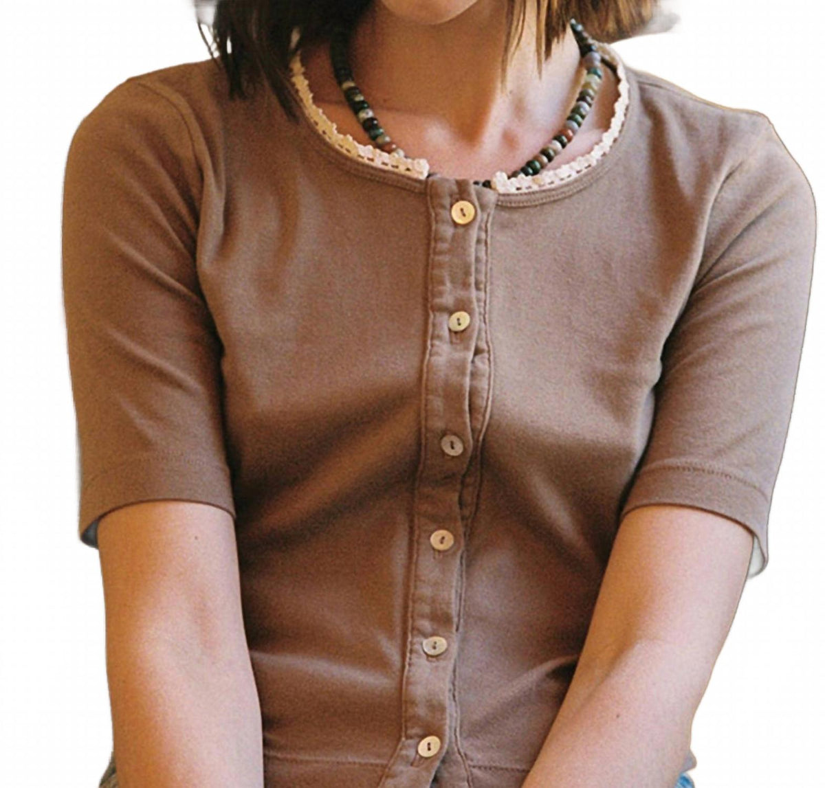 Short Sleeve Organic Cardigan In Chestnut