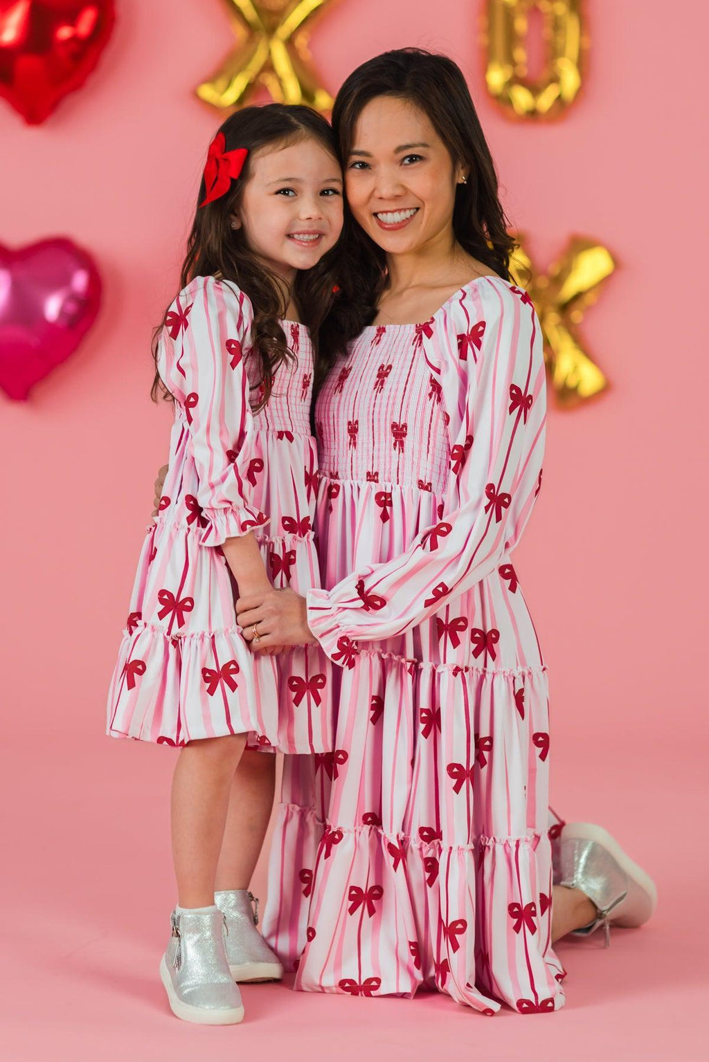 Mom & Me - Pink Bow Striped Dress