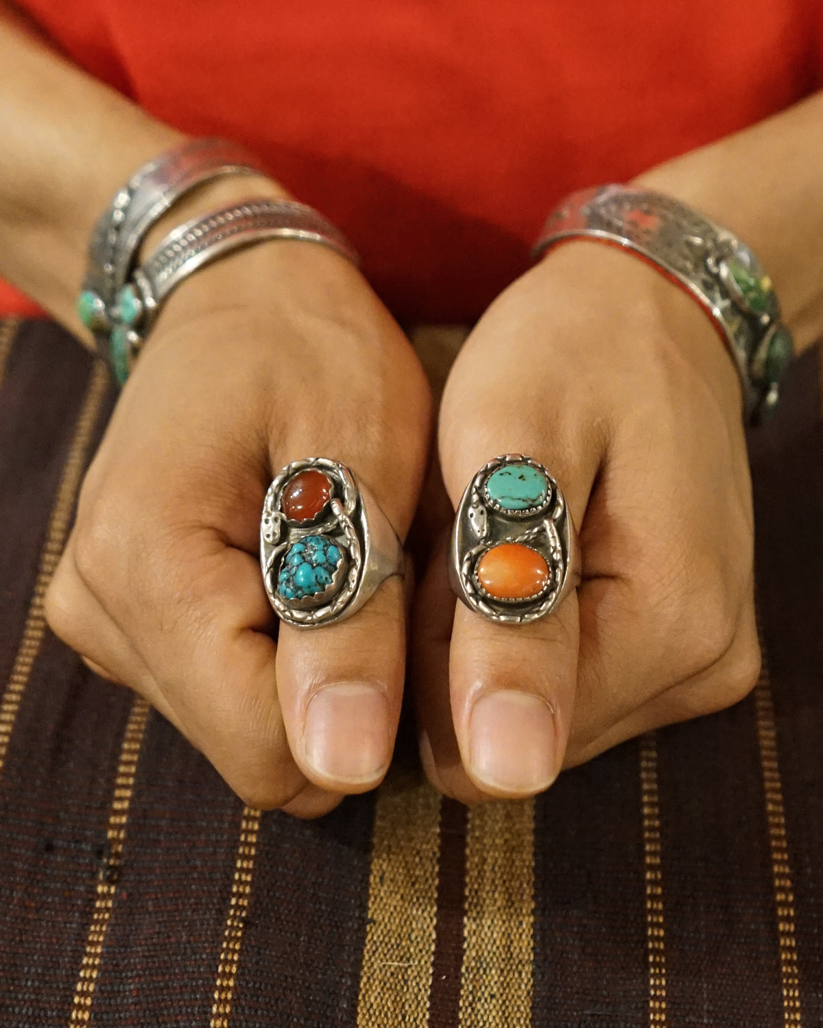 NAVAJO Silver x Turquoise / Red Coral Cast Ring / size: 13