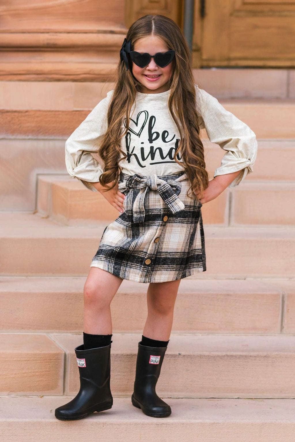 "Be Kind" Cream & Plaid Skirt Set