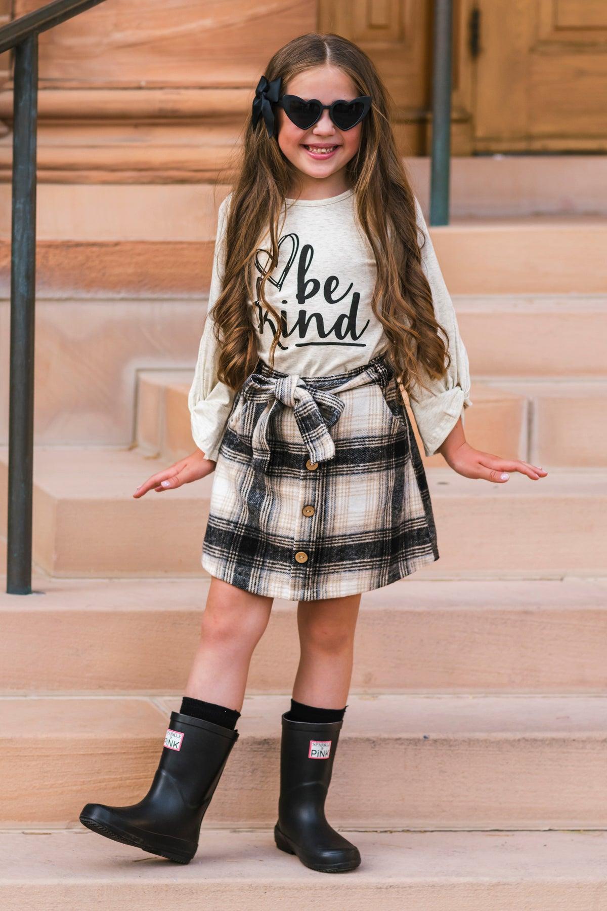 "Be Kind" Cream & Plaid Skirt Set