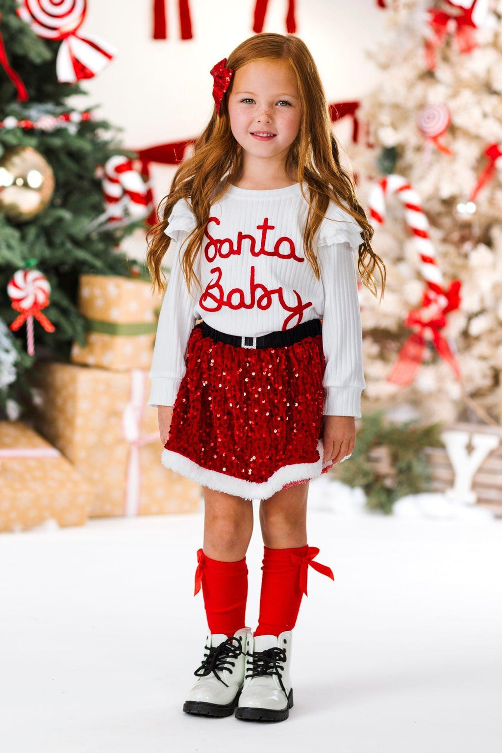 "Santa Baby" Red Velvet Sequin Skirt Set
