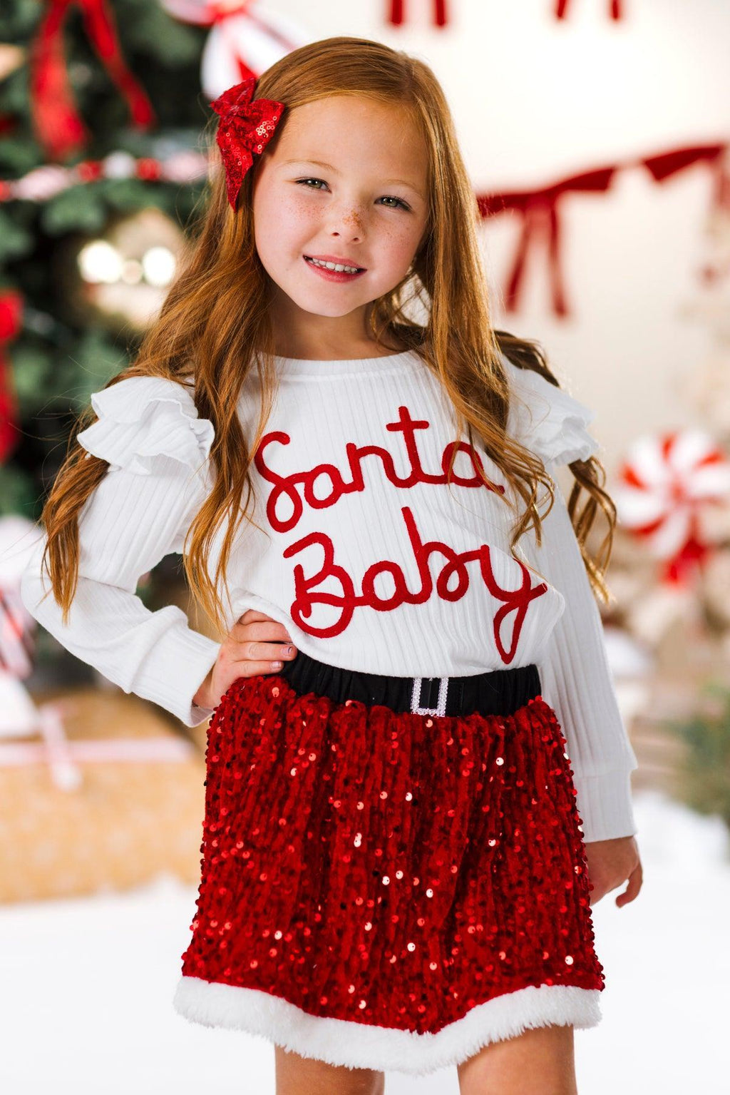 "Santa Baby" Red Velvet Sequin Skirt Set