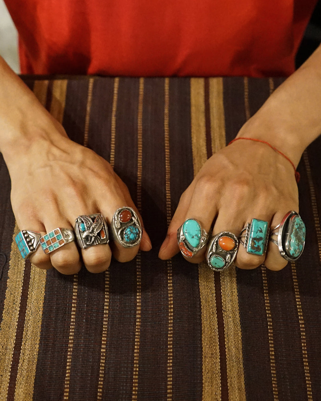 NAVAJO Silver x Turquoise / Red Coral Cast Ring / size: 11.5