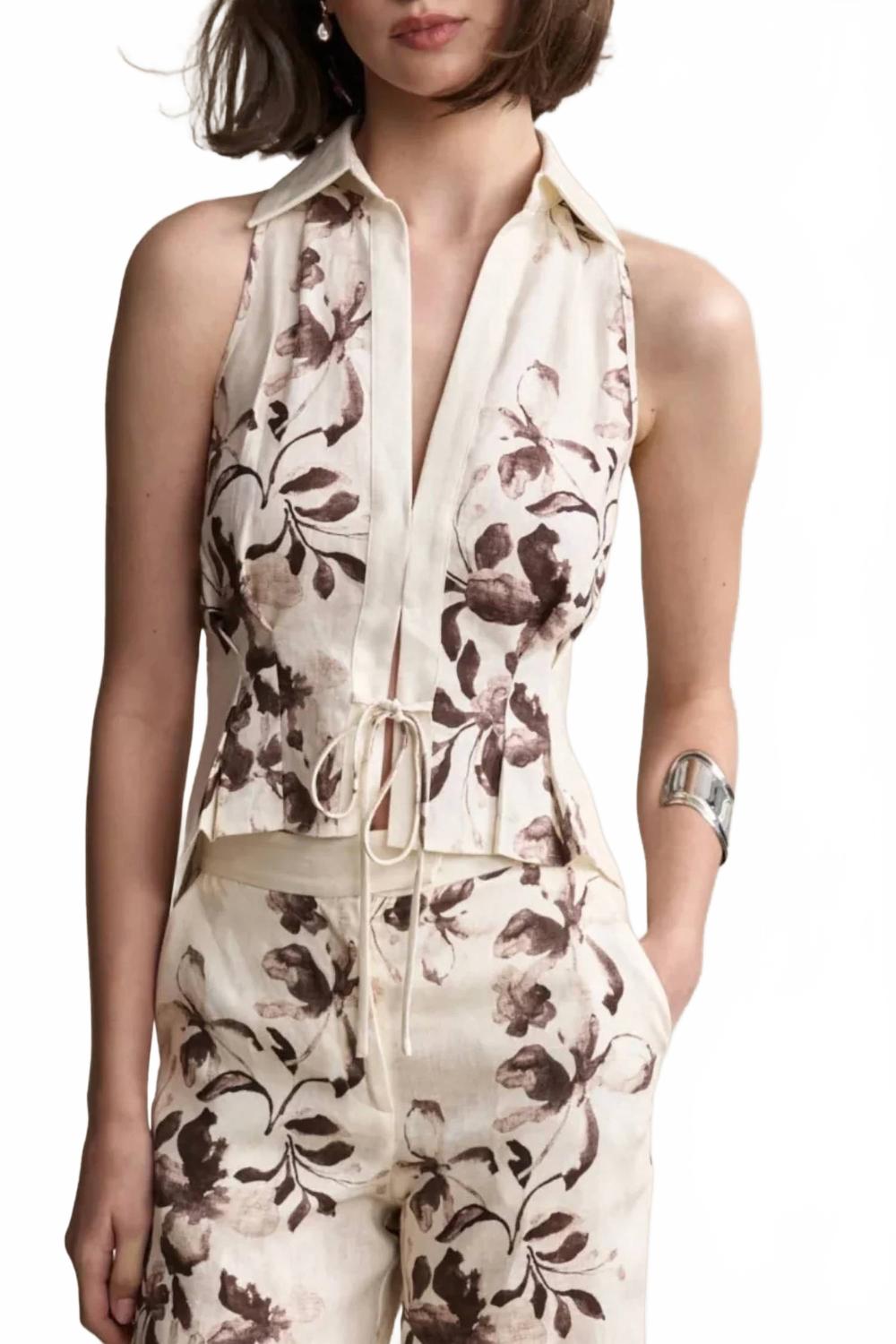 Sloan Linen Vest In Painted Flower Chocolate