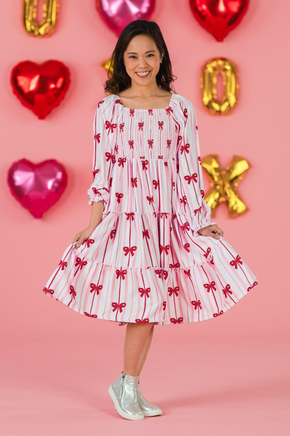 Mom & Me - Pink Bow Striped Dress