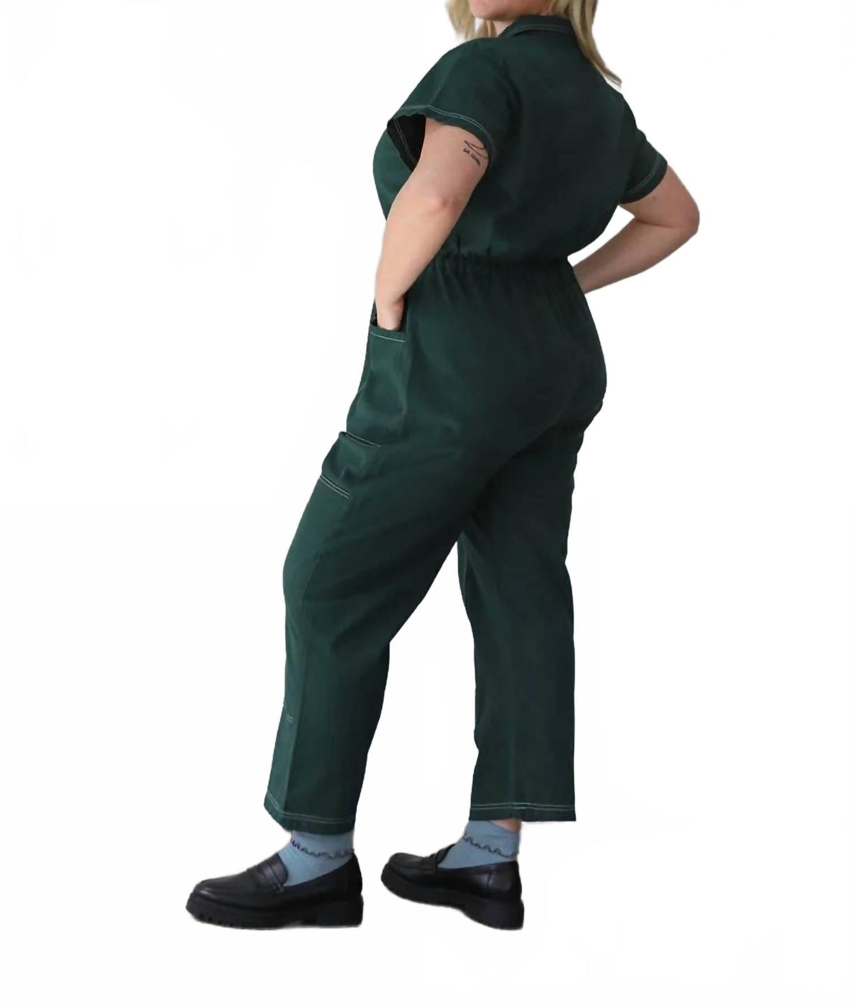 Cropped Leg And Cinched Waist Utility Suit In Hunter Green