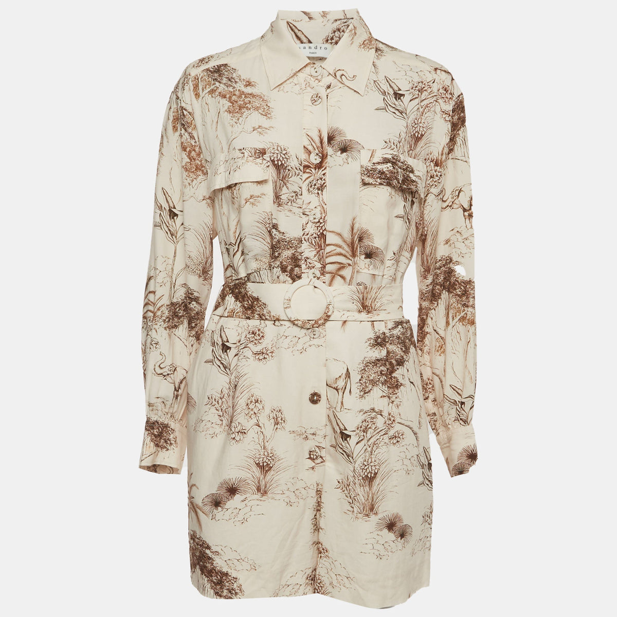 Sandro Beige Safari Print Cotton Belted Jaine Jumpsuit