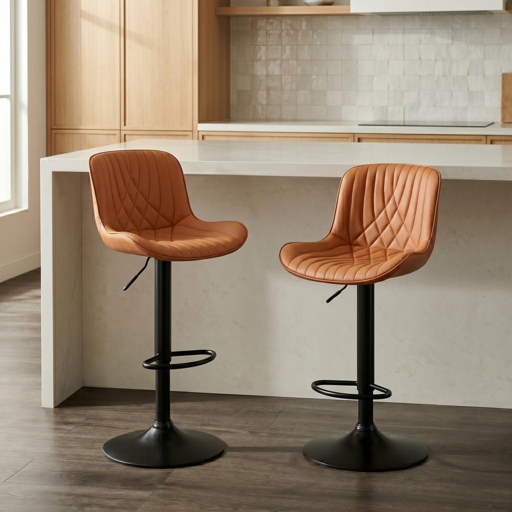 Contemporary Adjustable Bar Stools with Faux Leather Swivel Seats Set of 2