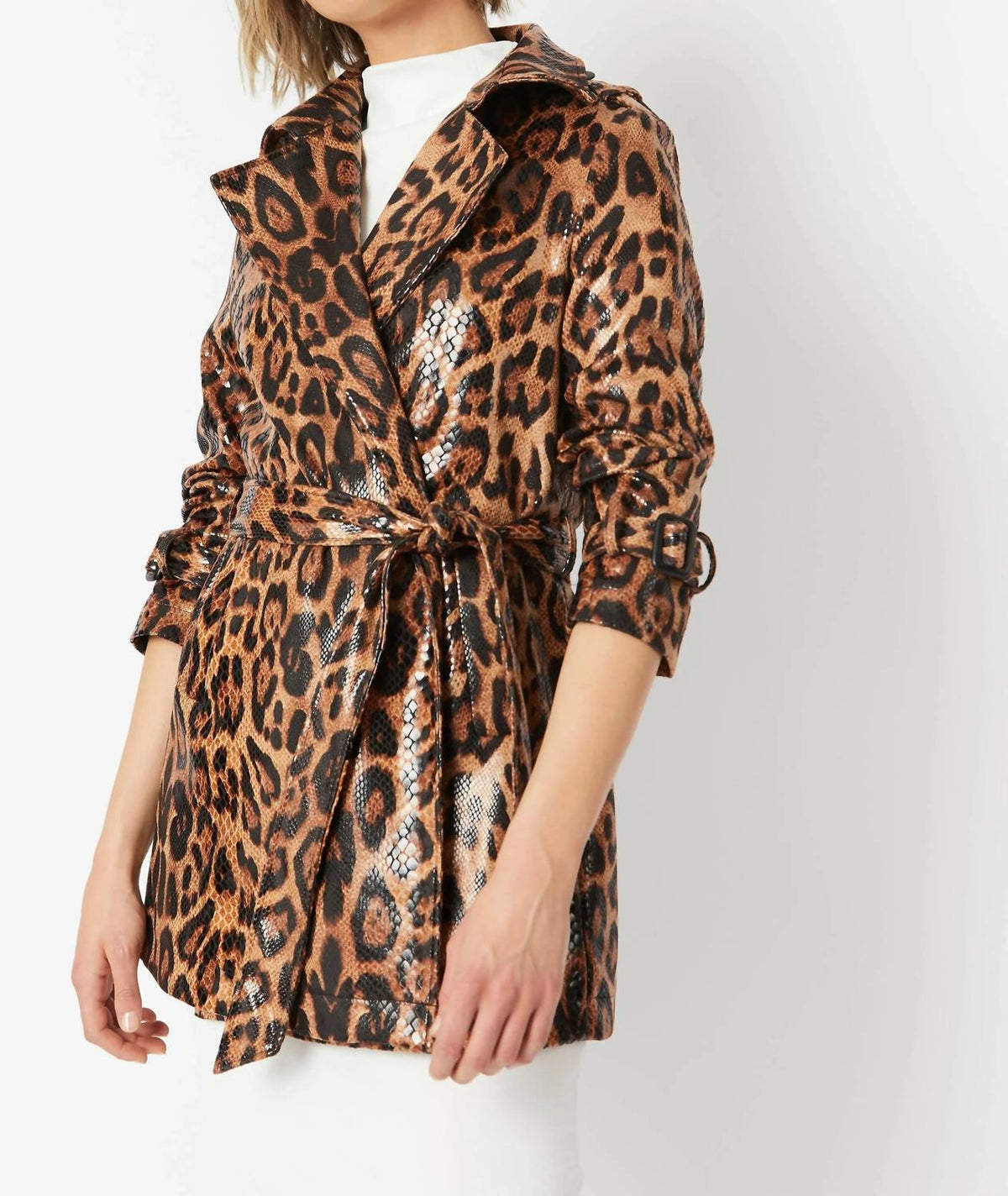 Jade Snakeskin Effect Mid Length Trench Coat In Brown