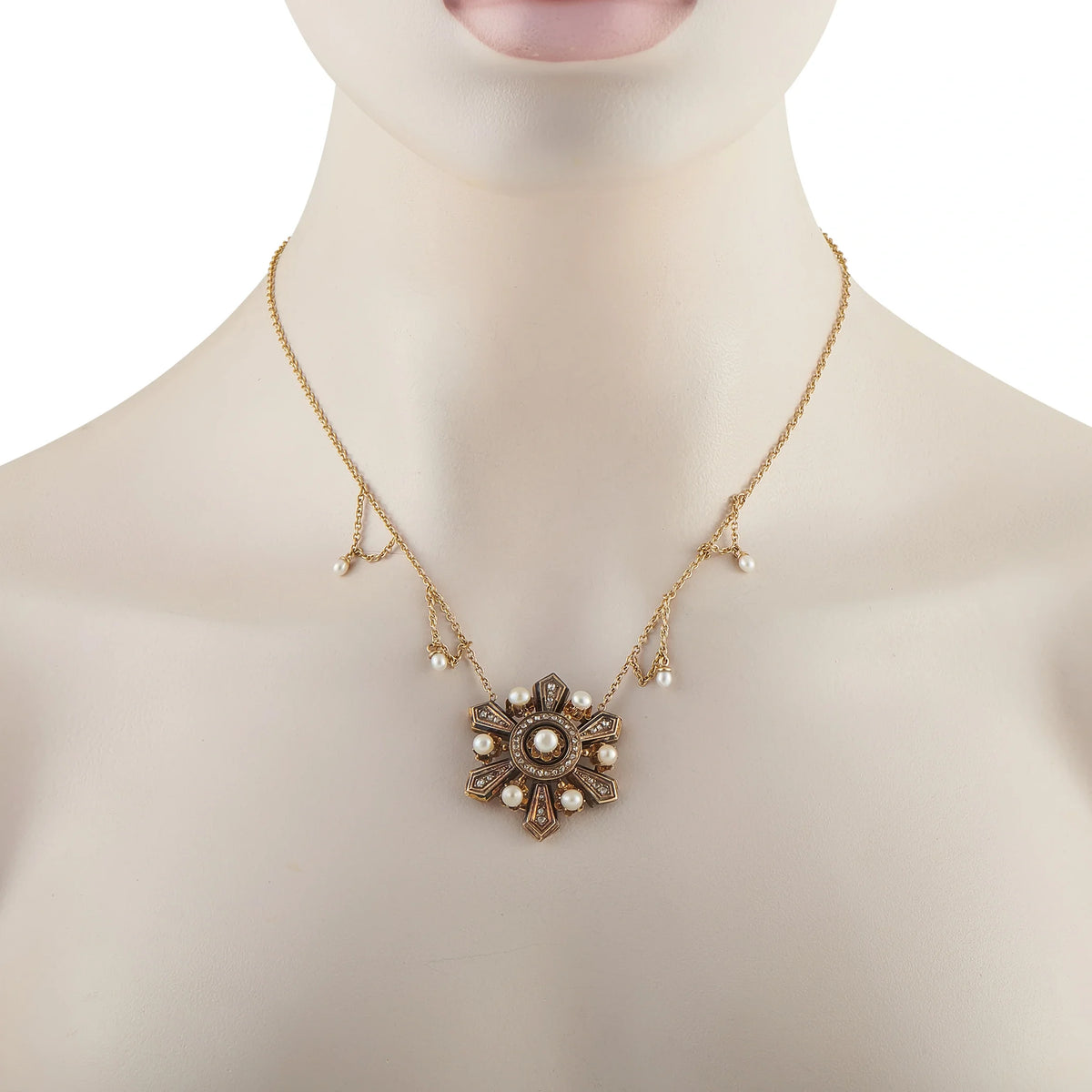 LB Exclusive Antique 14K Yellow and Rose Gold Diamond and Natural Pearl Necklace MF16-080426