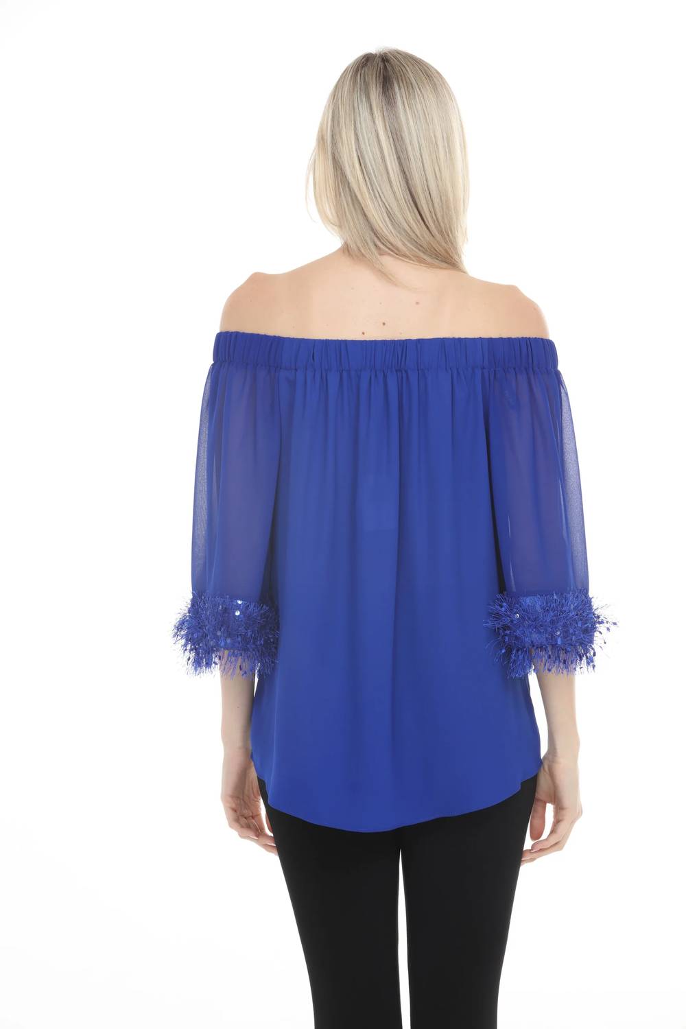 Off-Shoulder Fringe Trim Top In Royal Sapphire