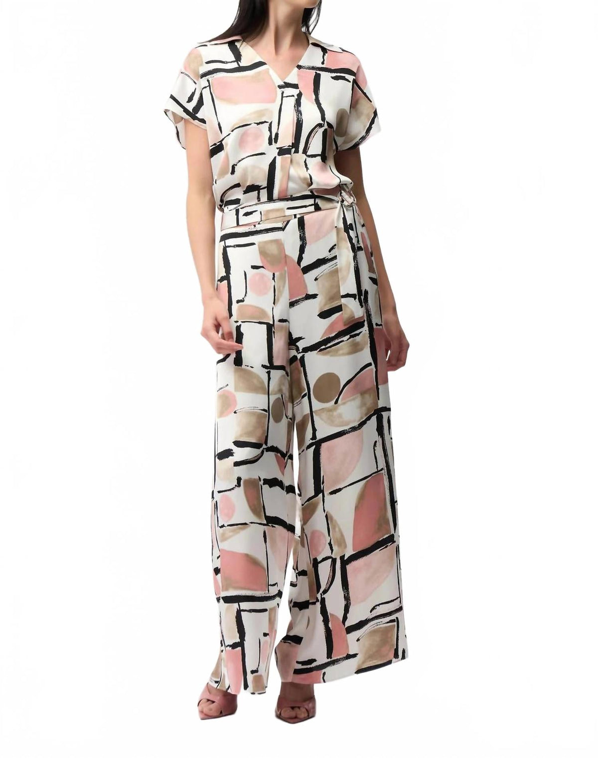 Geometric Satin Wide Leg Pants In Vanilla/multi