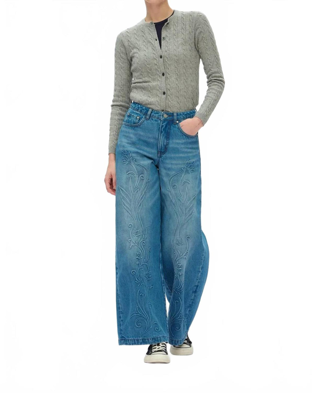 Wide Leg Curve Embossed Floral Jeans In Blue