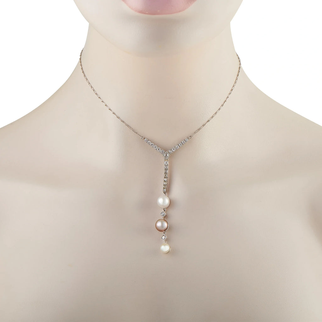 LB Exclusive Platinum 18K White Gold 0.85ct Diamond and Pearl Vintage Pendant Necklace MF04-073026
