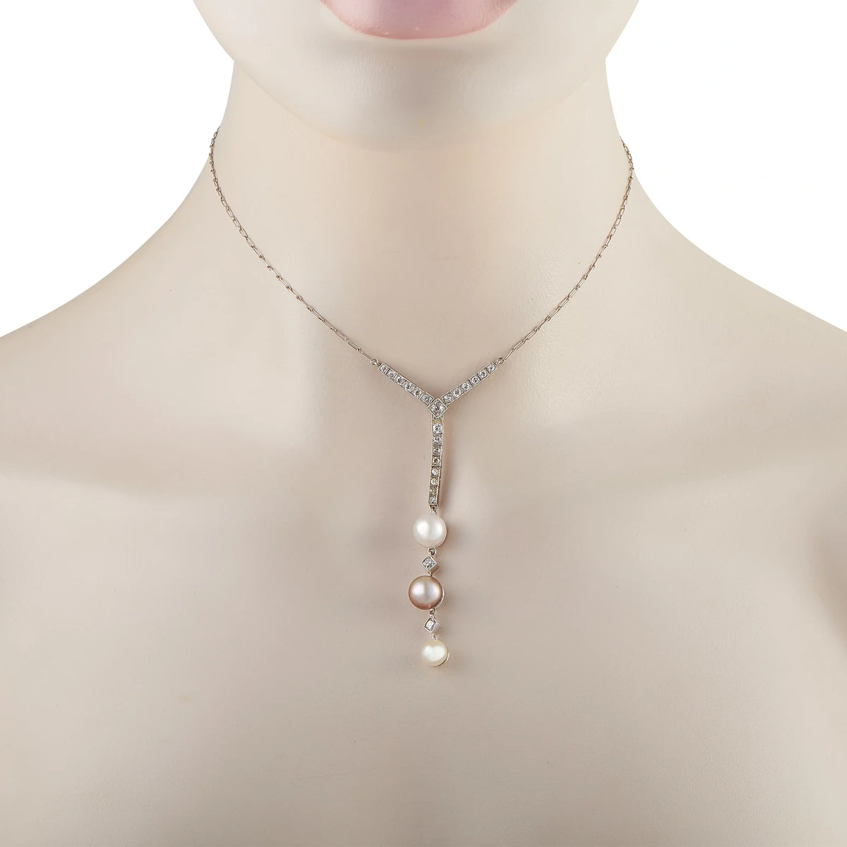 LB Exclusive Platinum 18K White Gold 0.85ct Diamond and Pearl Vintage Pendant Necklace MF04-073026