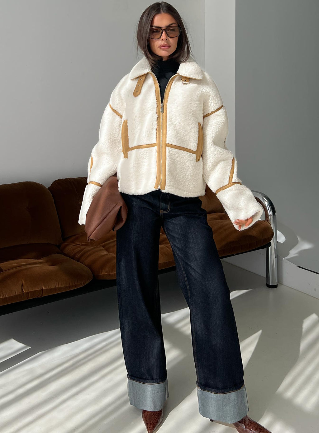 Briane Contrast Teddy Jacket White