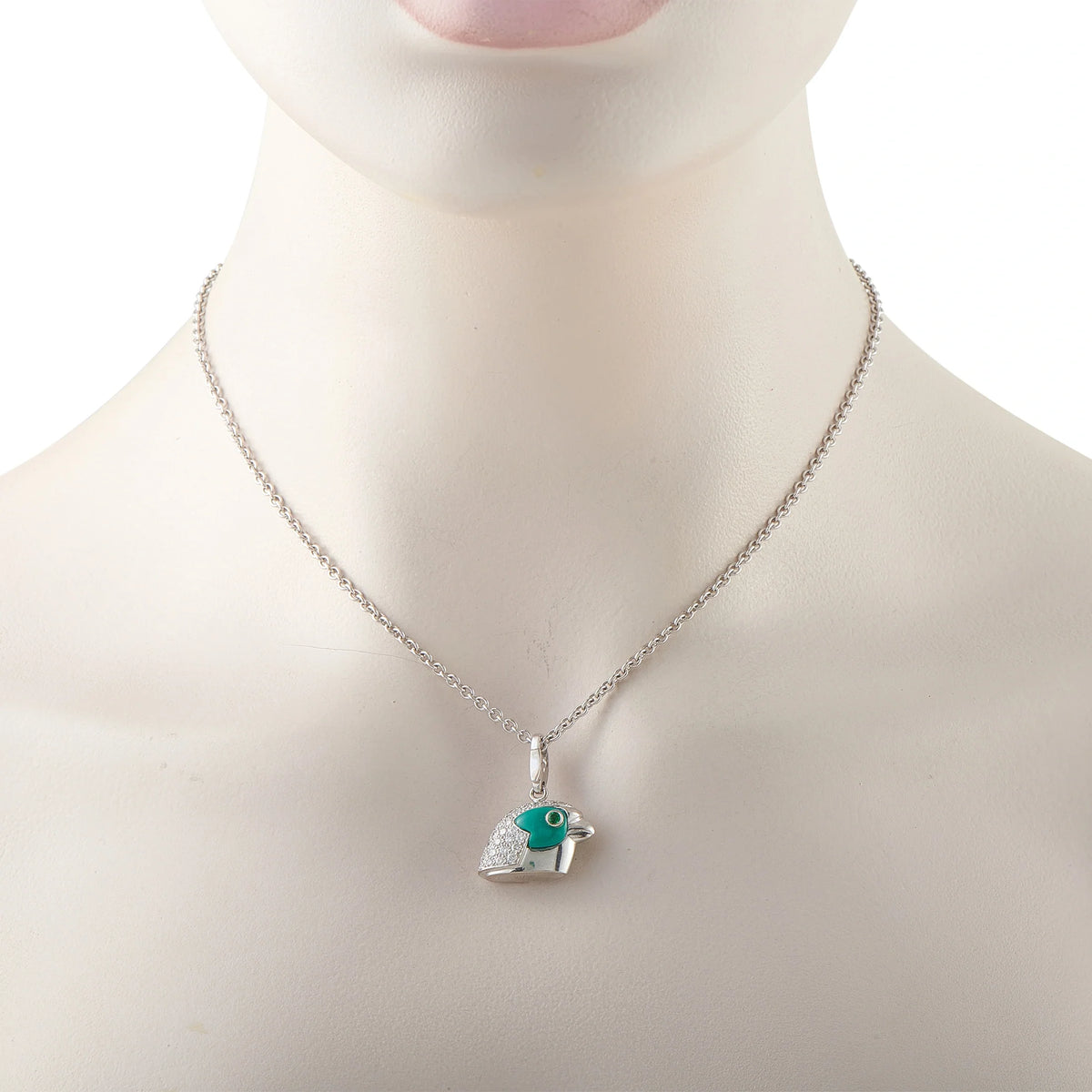 Cartier Vintage Eagle Head 18K White Gold 1.17ct Diamond, Emerald, and Turquoise Pendant Necklace CA02-100626