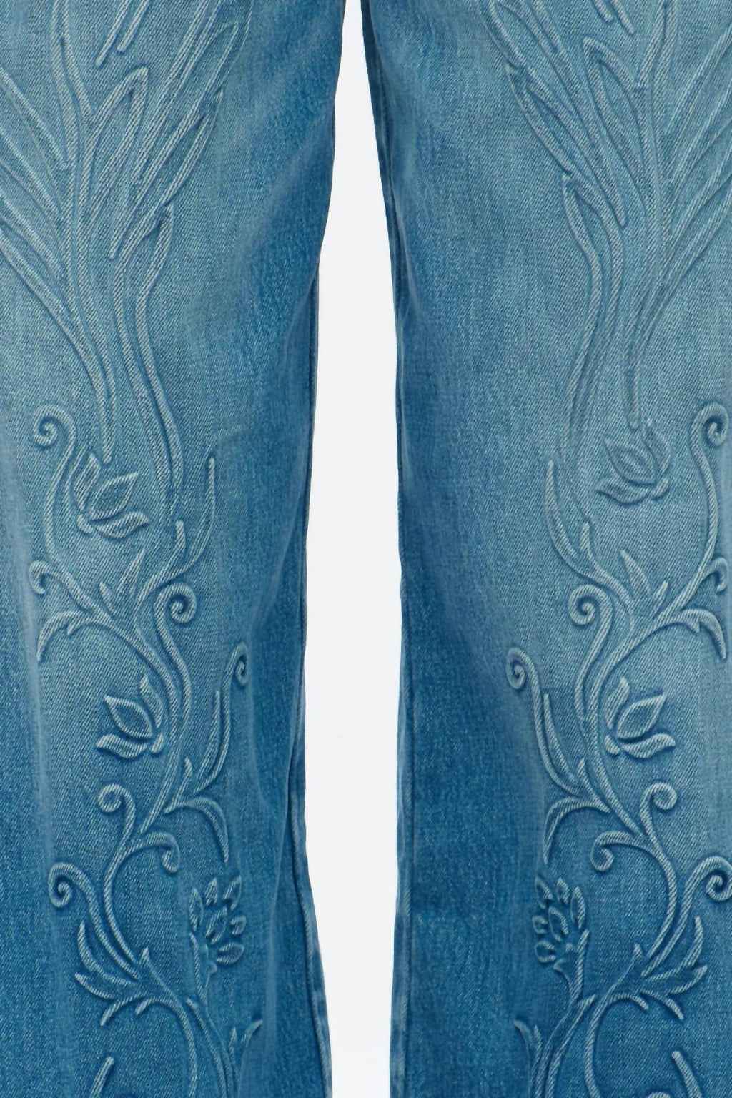 Wide Leg Curve Embossed Floral Jeans In Blue