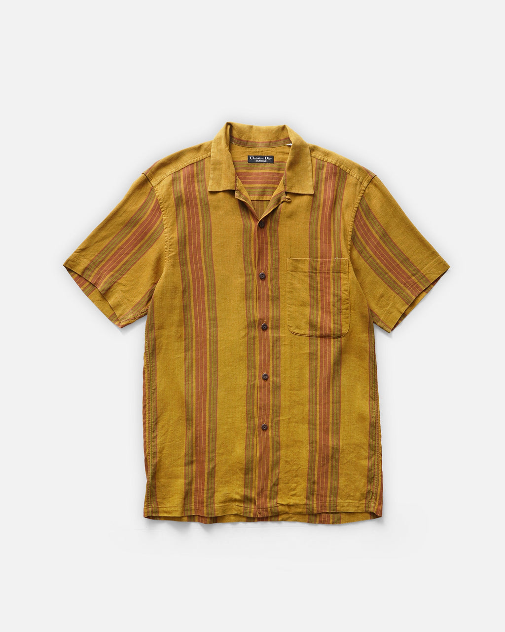 Open Collar S/S Striped Linen Shirt