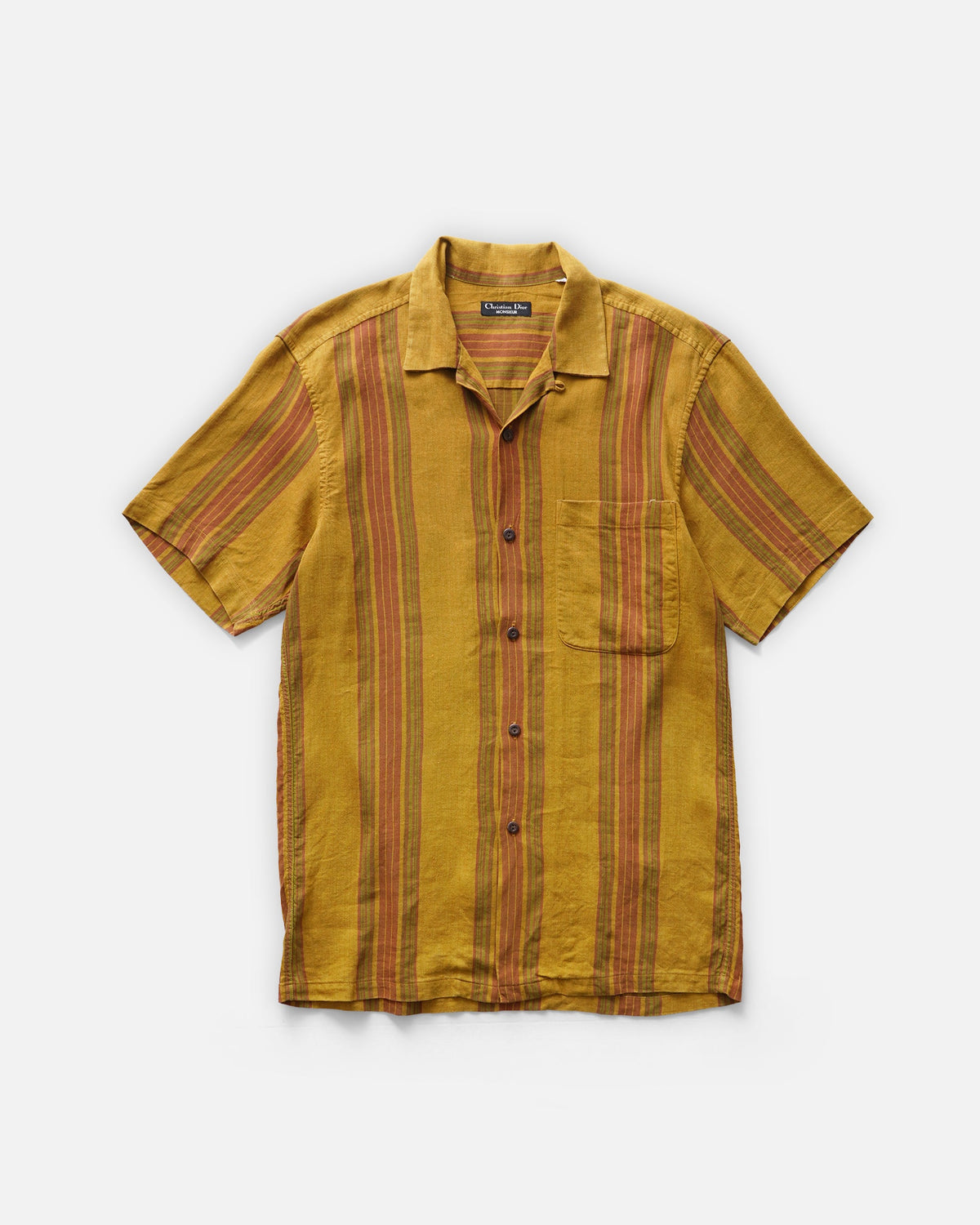 Open Collar S/S Striped Linen Shirt