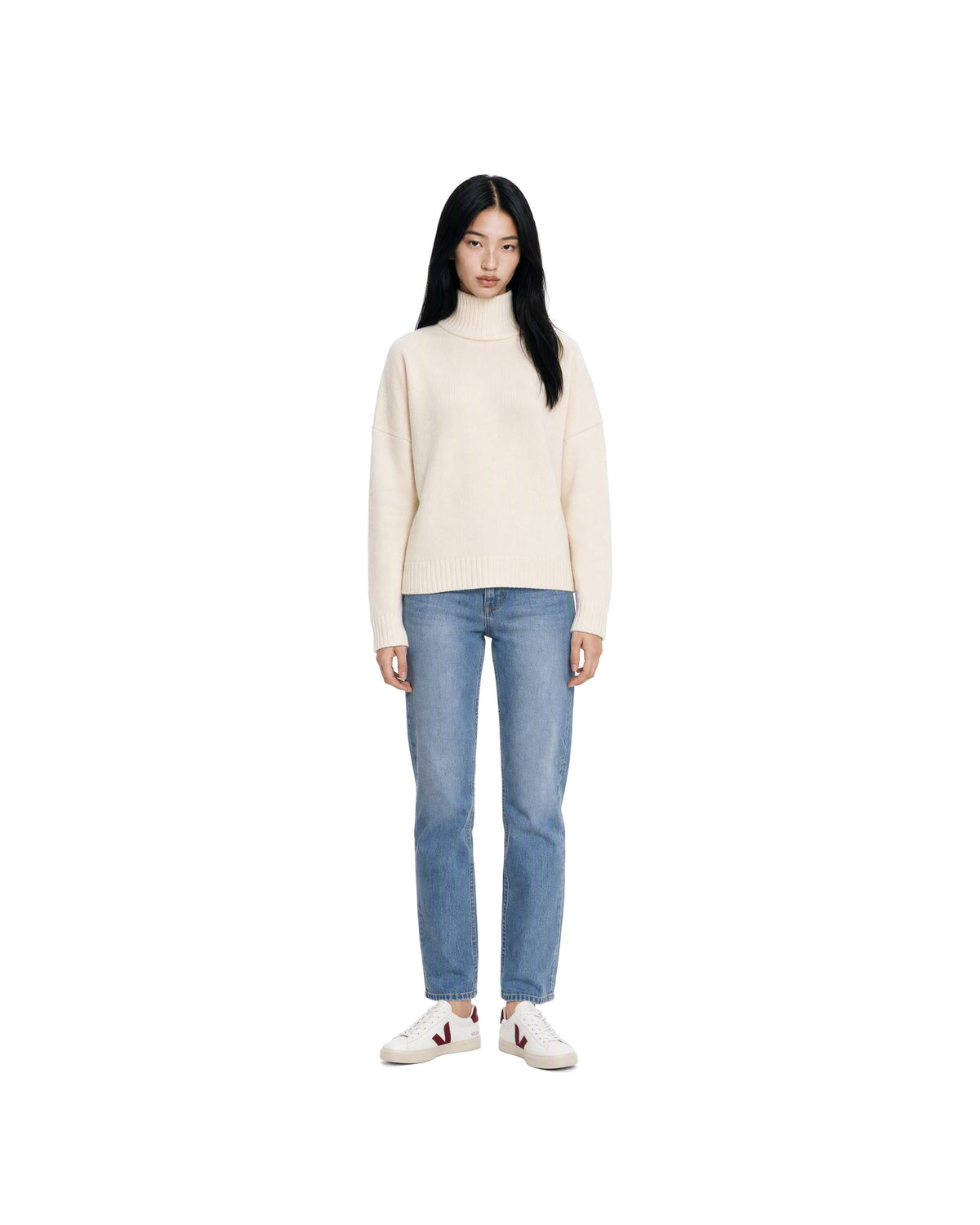 Cream Virgin Wool High-Neck Sweater