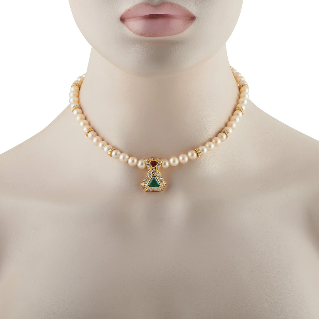 LB Exclusive 18K Yellow Gold 3.65ct Diamond, Emerald, and Ruby Cultured Pearl Necklace MF26- 070926