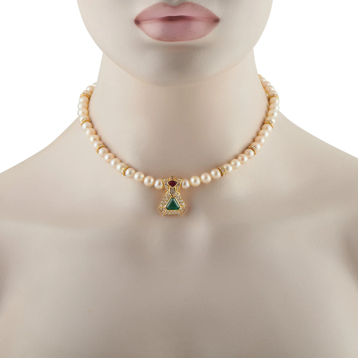 LB Exclusive 18K Yellow Gold 3.65ct Diamond, Emerald, and Ruby Cultured Pearl Necklace MF26- 070926