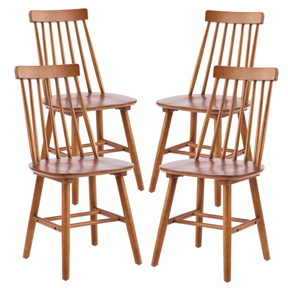 Set of Four Walnut Solid Wood Windsor Back Dining Side Chairs