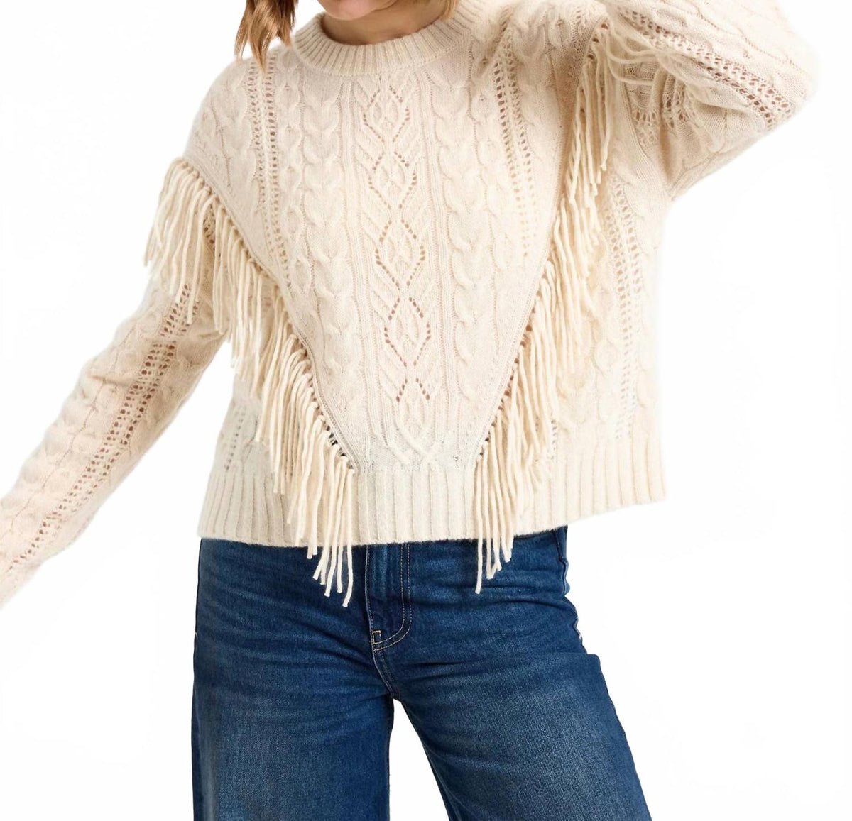 Cable Fringed Crew Neck Jumper In Lace