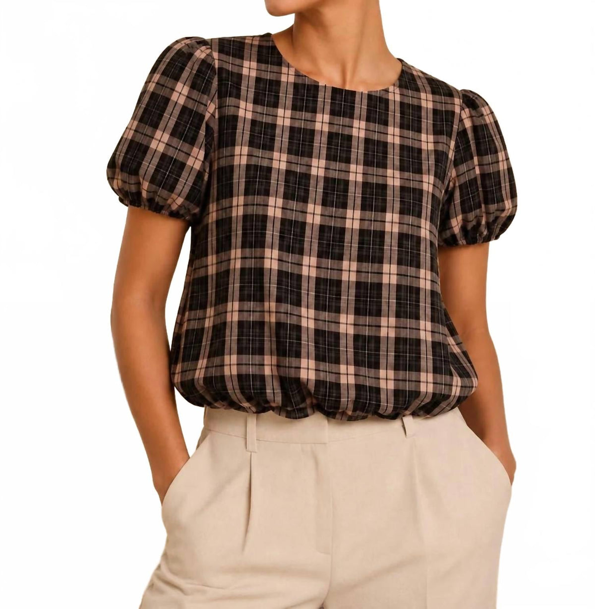 Carmen Bubble Hem Blouse In Mocha Black Plaid