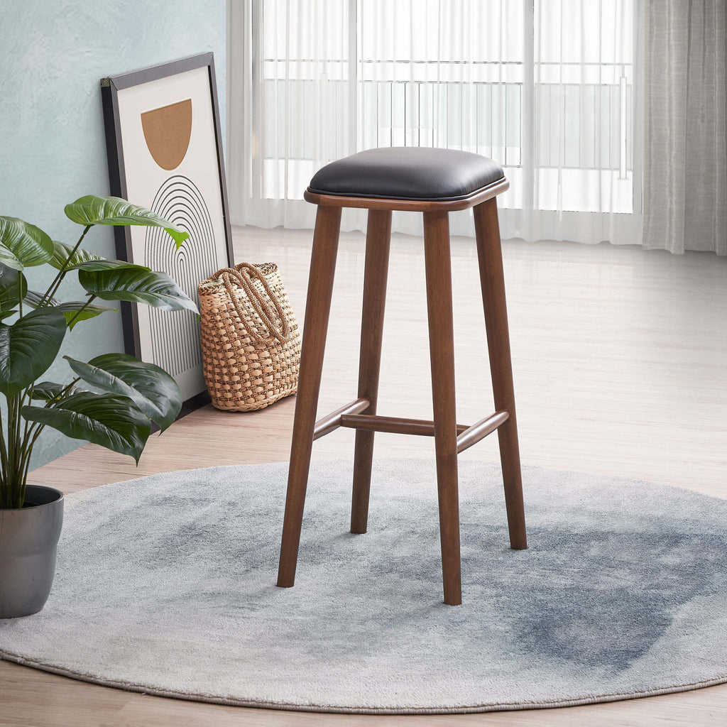 Mid-Century PU Leather Bar Stool with Wood Frame