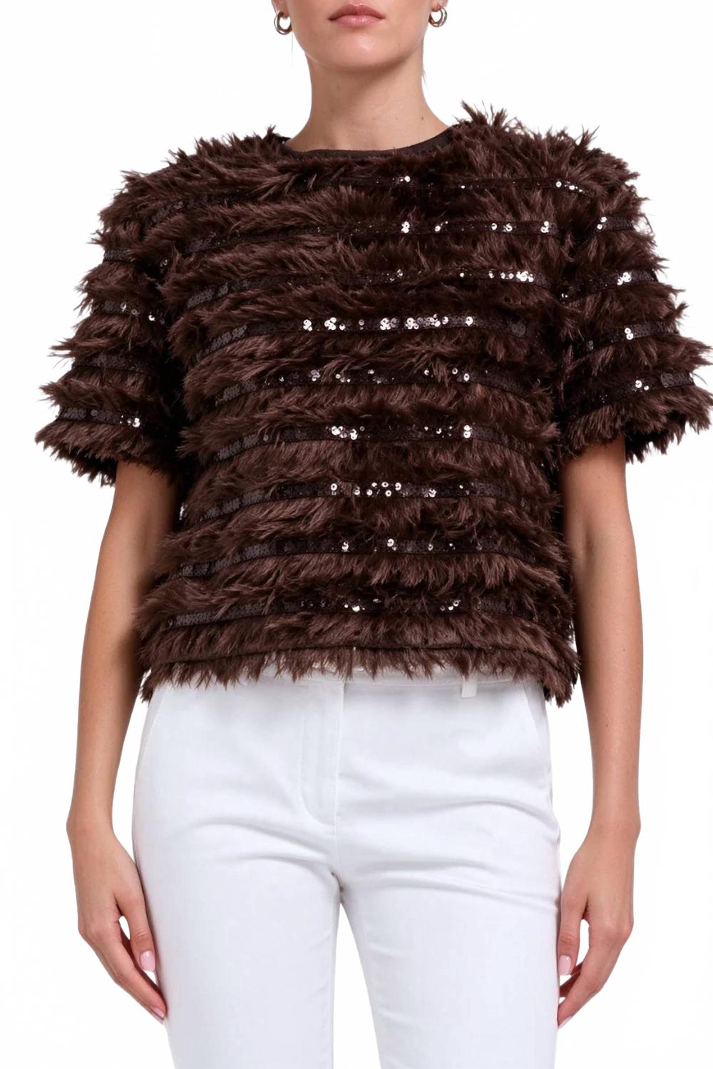 Sequin-Embellished Feathered Blouse In Brown