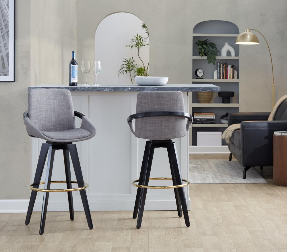 Modern Bar Chairs with Fabric Cushions and Round Metal Footrests