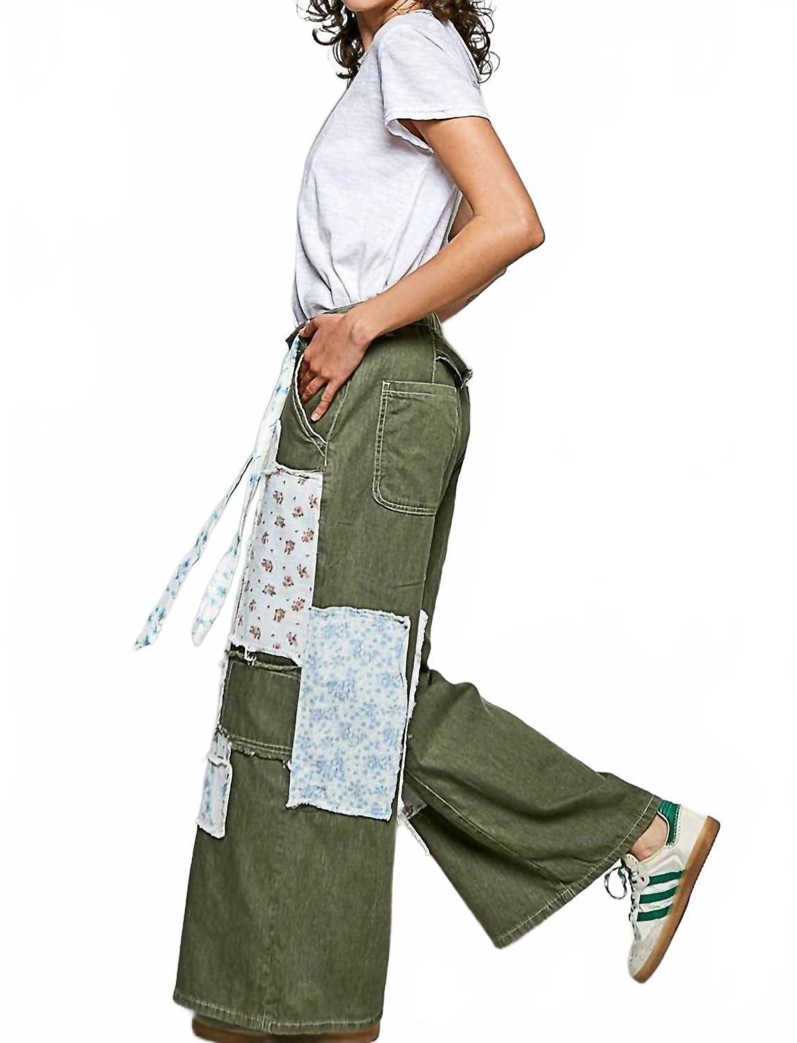 Patchwork Detail Denim Straight Fit Pants In Olive Multi