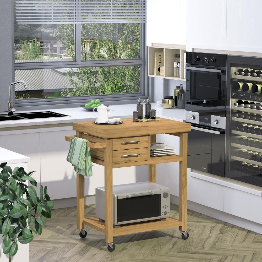 Rolling Bamboo Kitchen Trolley with Open Shelves