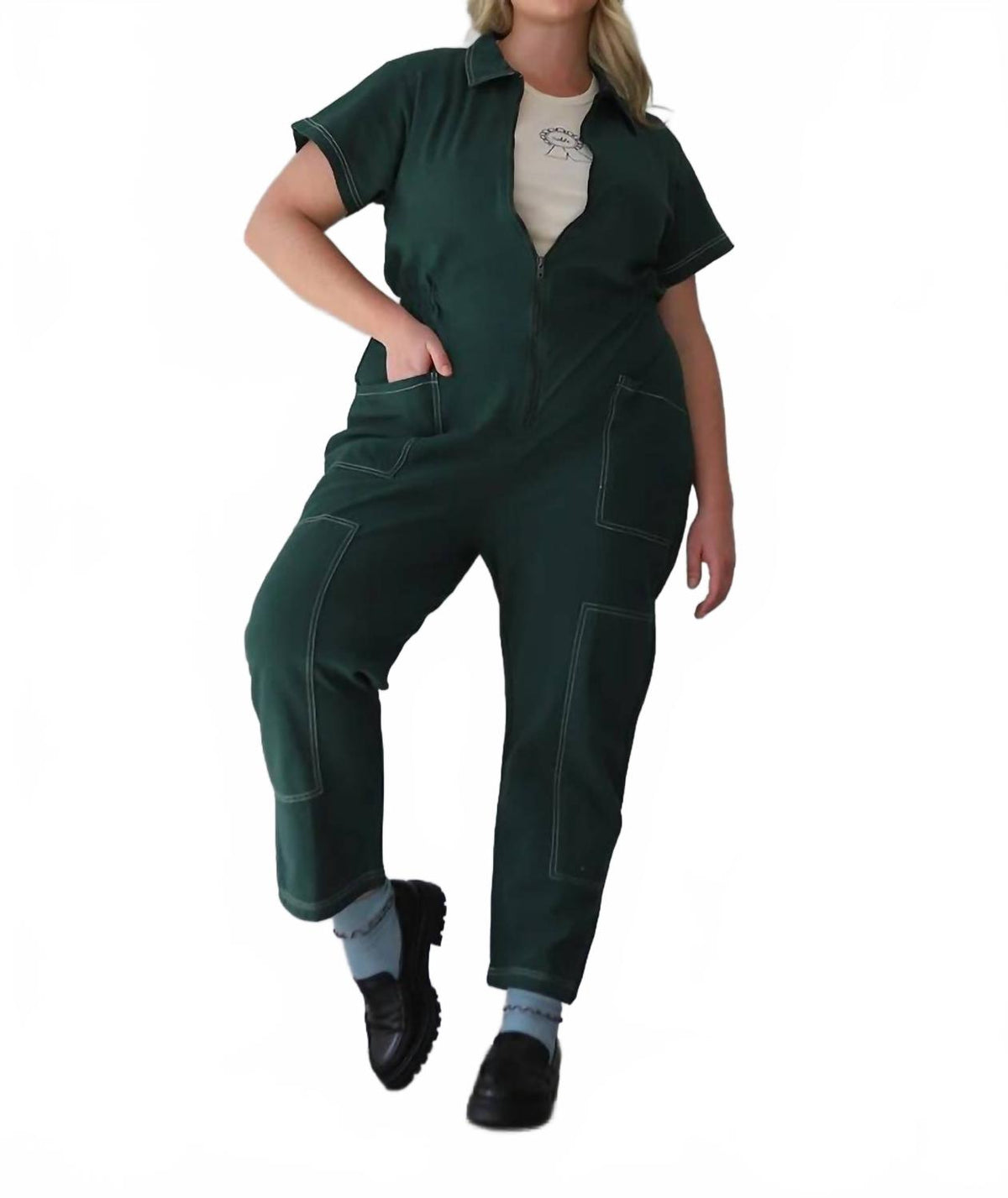 Cropped Leg And Cinched Waist Utility Suit In Hunter Green